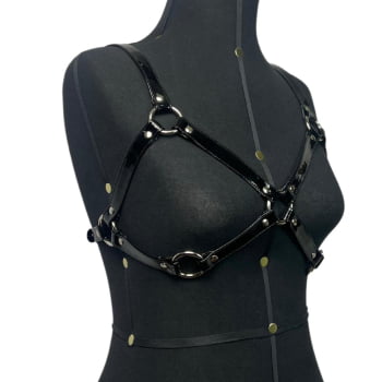 Harness Bra Feminino de Peito Couro Preto Verniz