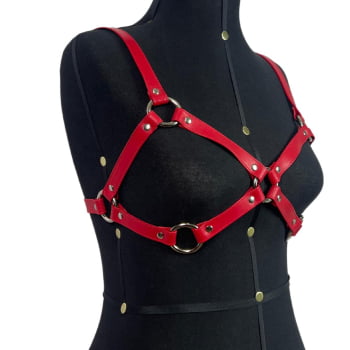 Harness Bra Feminino de Peito Couro Vermelho