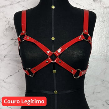 Harness Bra Feminino de Peito Couro Vermelho Verniz