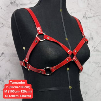 Harness Bra Feminino de Peito Couro Vermelho Verniz