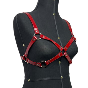 Harness Bra Feminino de Peito Couro Vermelho Verniz