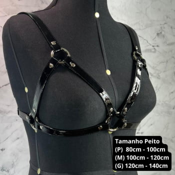 Harness Feminino de Peito Couro Preto Verniz