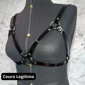 Harness Feminino de Peito Couro Preto Verniz