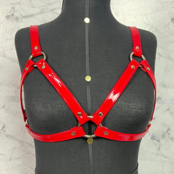 Harness Feminino de Peito Couro Vermelho Verniz