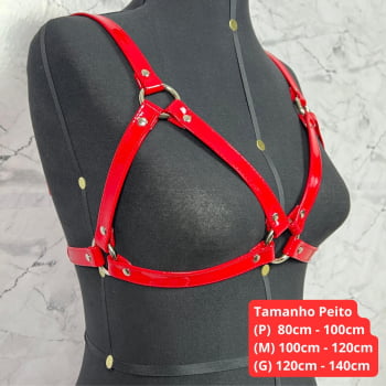 Harness Feminino de Peito Couro Vermelho Verniz