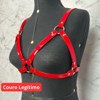 Harness Feminino de Peito Couro Vermelho Verniz