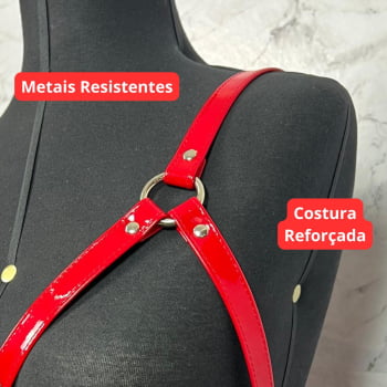 Harness Feminino de Peito Couro Vermelho Verniz